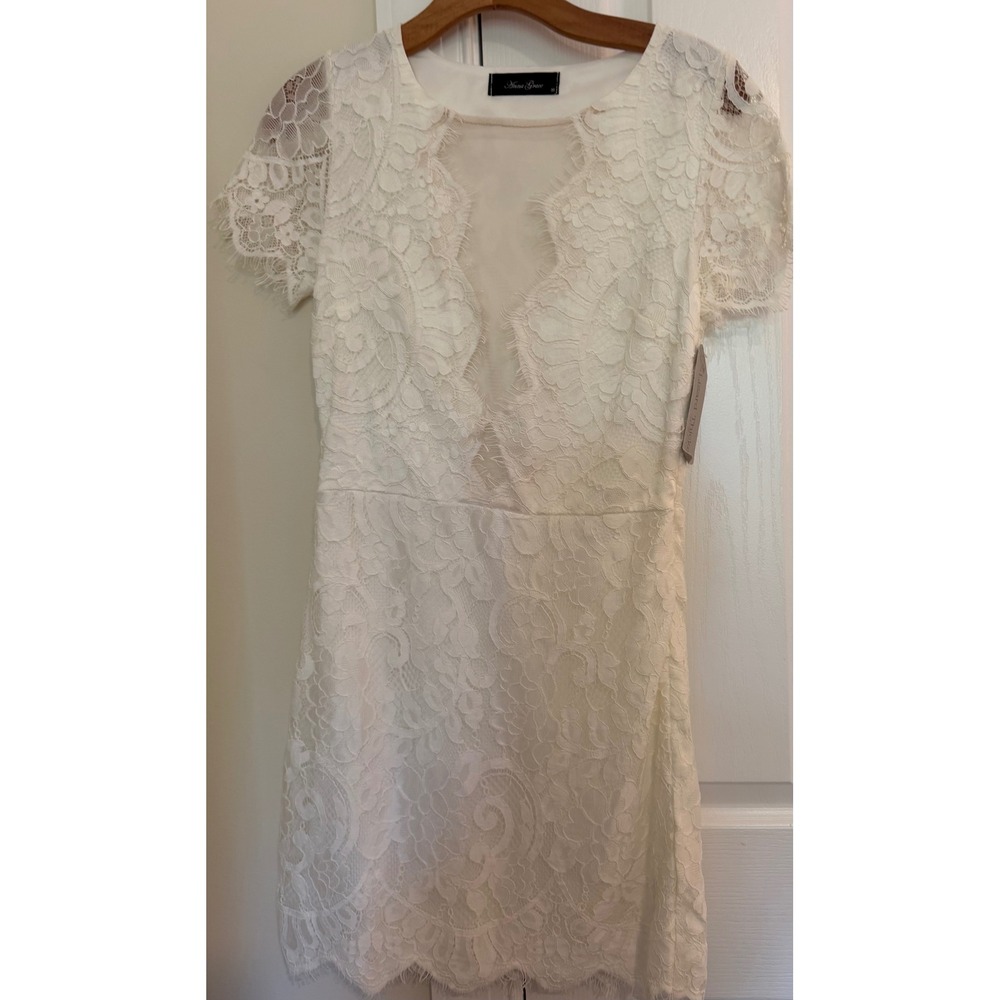 Anna Grace White Lace Illusion Neckline Mini Dress SD1438 White Medium NWT